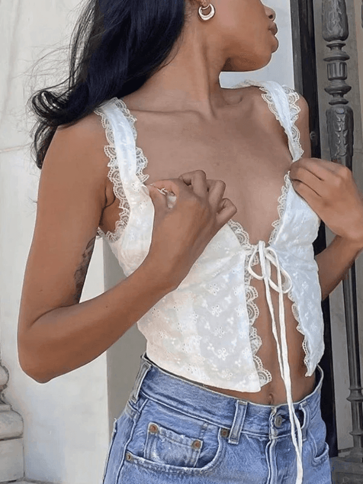White Tie Front Lace Cropped Tank Top - AnotherChill