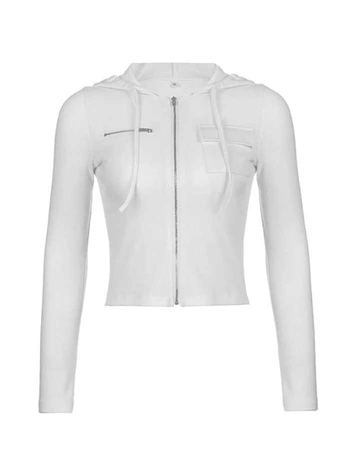 White Zip-Up Hooded Cropped Knit Top - AnotherChill