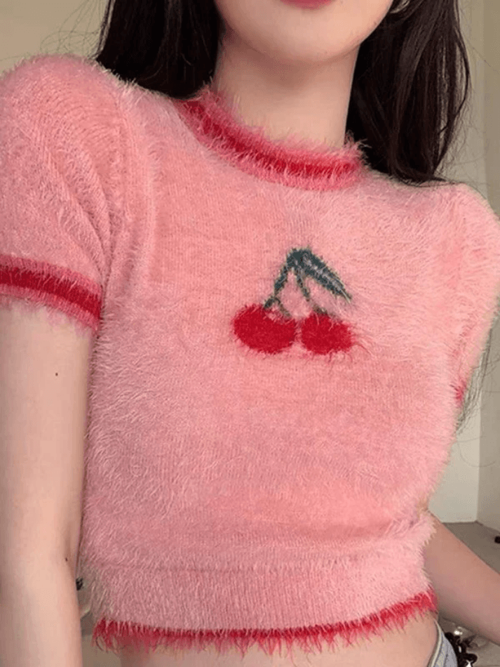 Y2K Cherry Pattern Ringer Crop Fuzzy Knit - AnotherChill