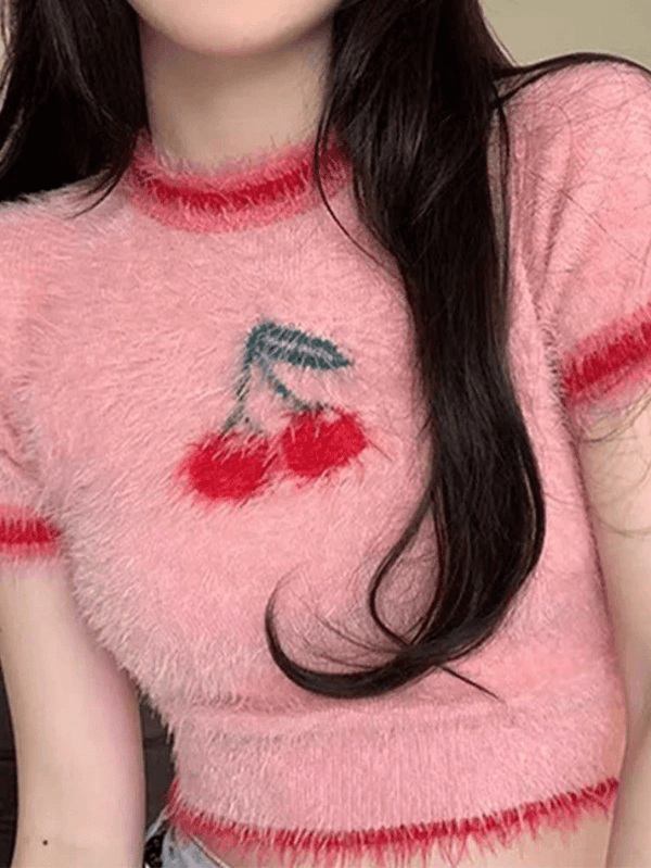 Y2K Cherry Pattern Ringer Crop Fuzzy Knit - AnotherChill