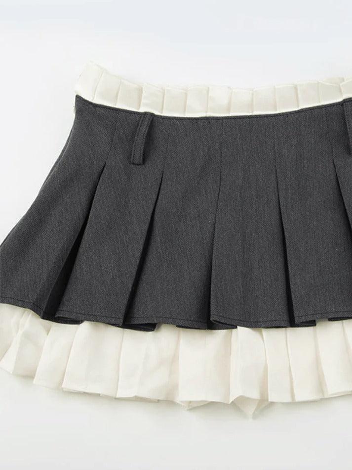 Contrast Paperbag Waist Splice Pleated Mini Skirt - AnotherChill