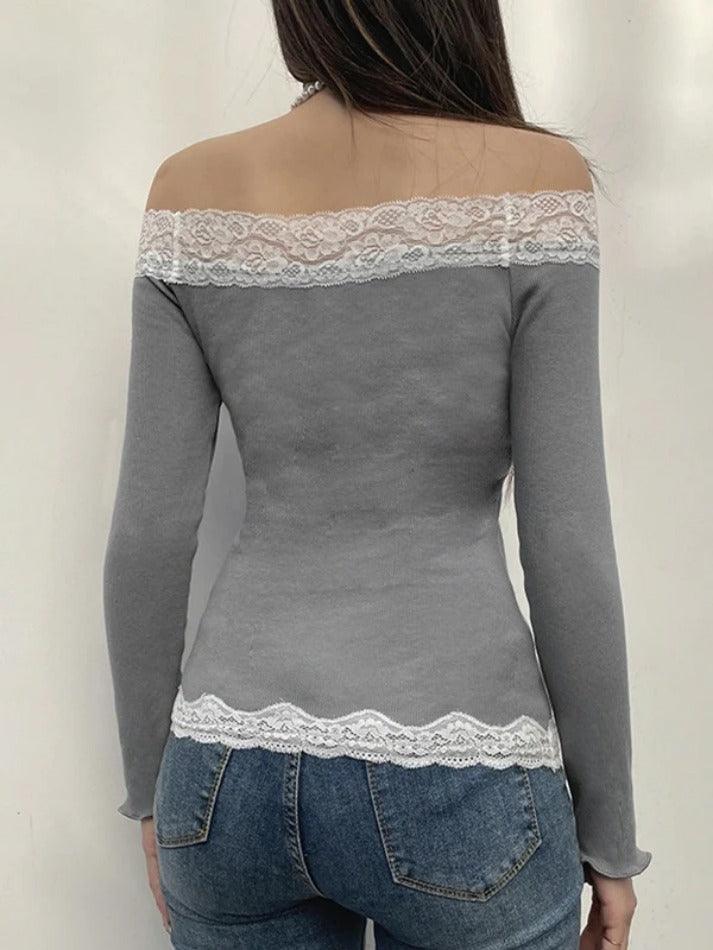 Off Shoulder Lace Trim Tie Up Long Sleeve Knit - AnotherChill