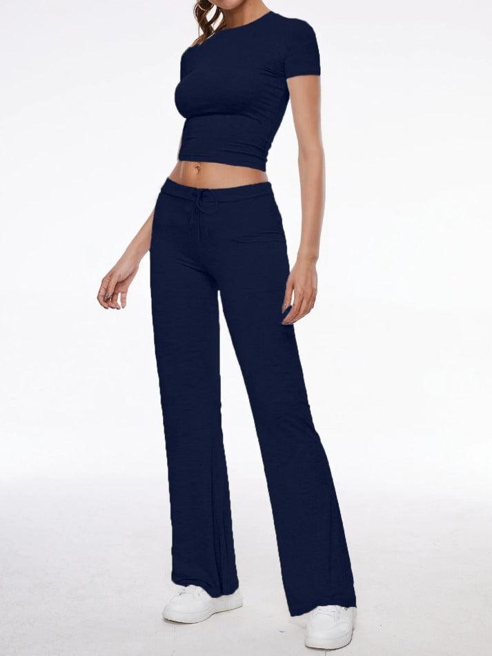 Short Sleeve Cropped Top Straight Leg Pants Set - AnotherChill
