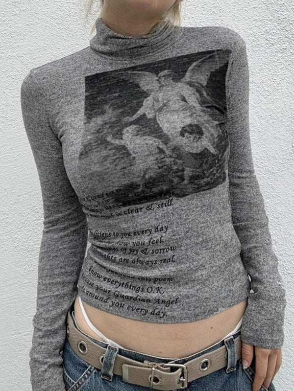 Vintage Cherub Print Turtleneck Slim Long Sleeve Tee - AnotherChill