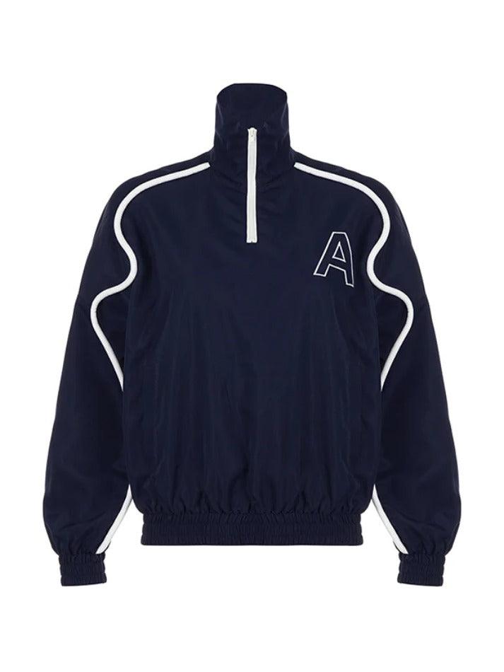 Contrast Color Wavy Line Zip Up Collar Neck Sweatshirt - AnotherChill
