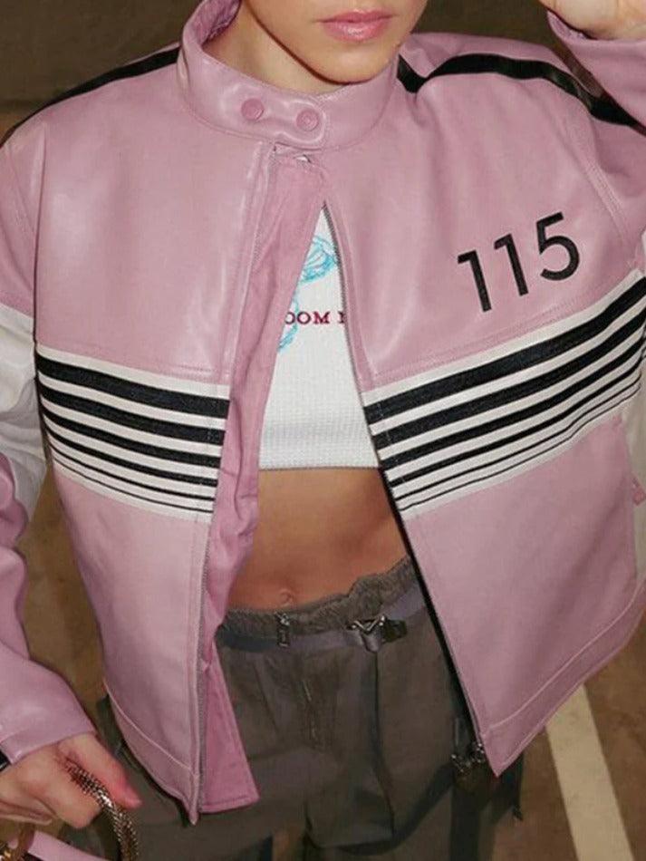 Striped Contrast Color Splice Leather Jacket - AnotherChill