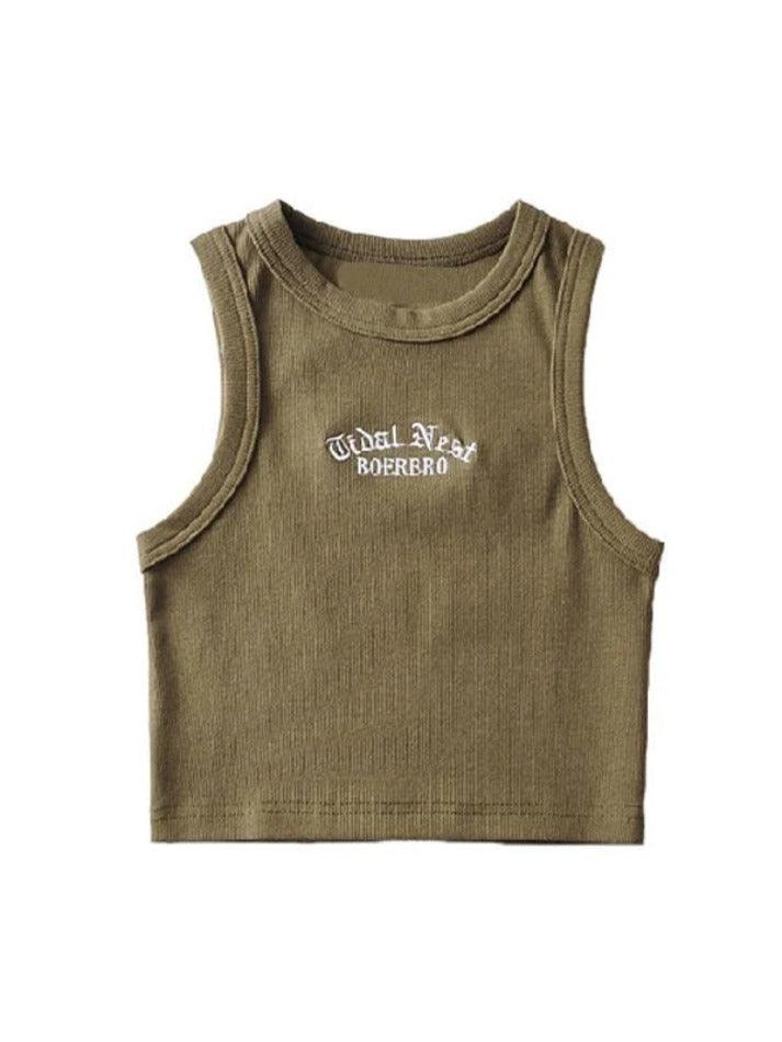 Letter Embroidery Ribbed Cropped Tank Top - AnotherChill