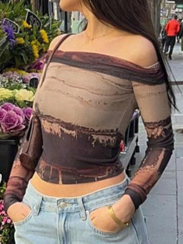 Vintage Irregular Print Off Shoulder Mesh Long Sleeve Tee - AnotherChill