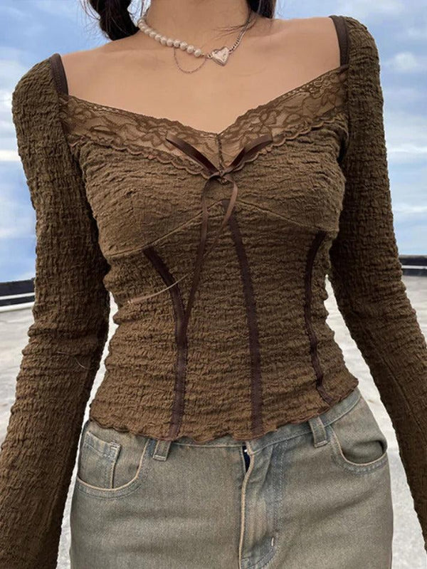Textured Lace Splice V Neck Lacing Long Sleeve Blouse - AnotherChill