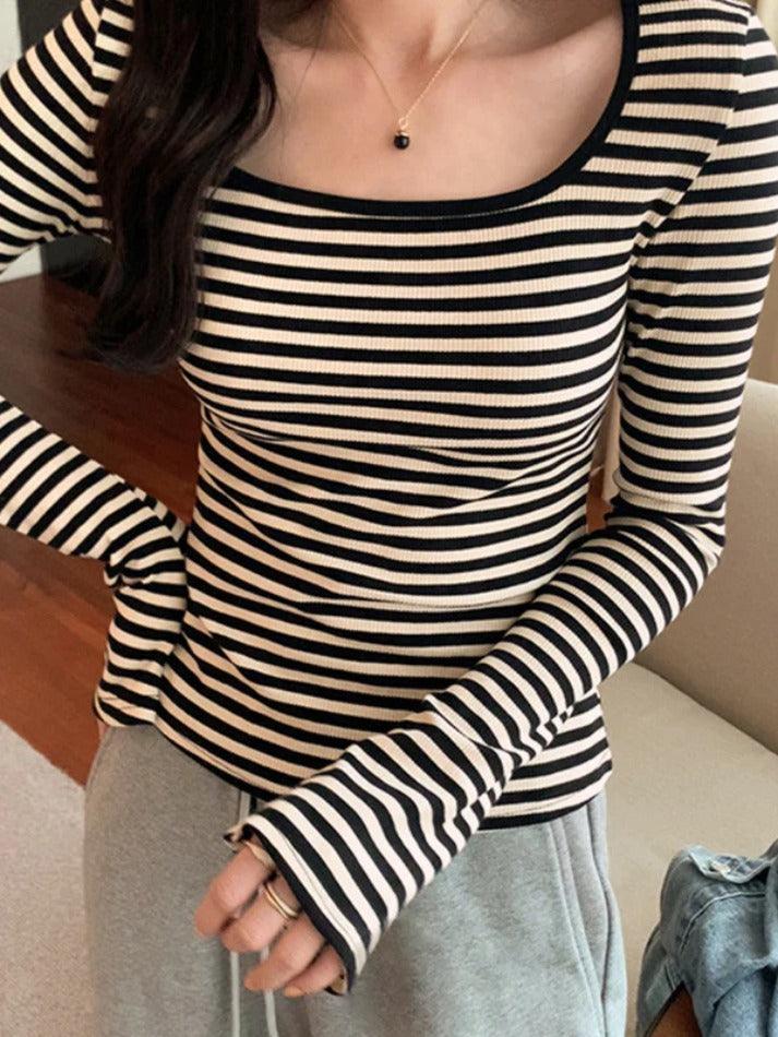 Striped Print Square Neck Slim Long Sleeve Tee - AnotherChill