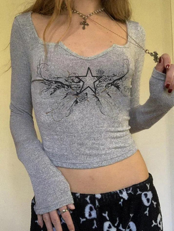 Vintage Star Print Low Cut Cropped Long Sleeve Tee - AnotherChill