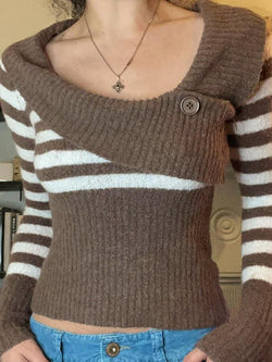 Contrast Color Striped Splice Big Lapel Neck Slim Sweater - AnotherChill