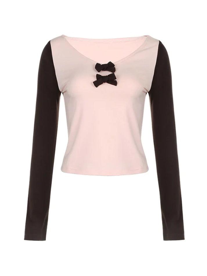 Contrast Color Splice Bow Decor Slim Long Sleeve Tee - AnotherChill