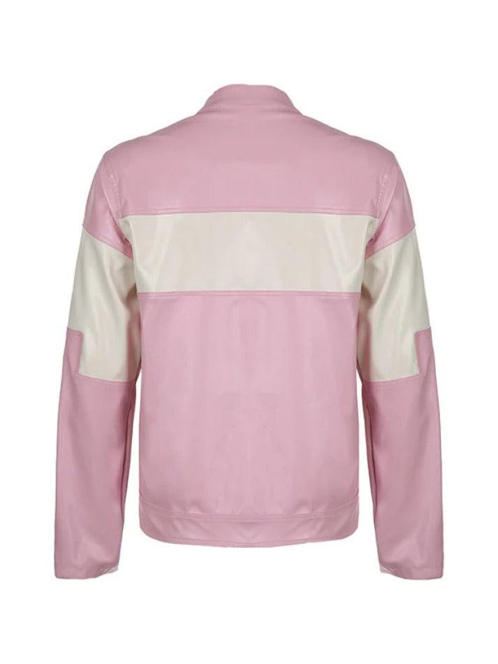 Striped Contrast Color Splice Leather Jacket - AnotherChill