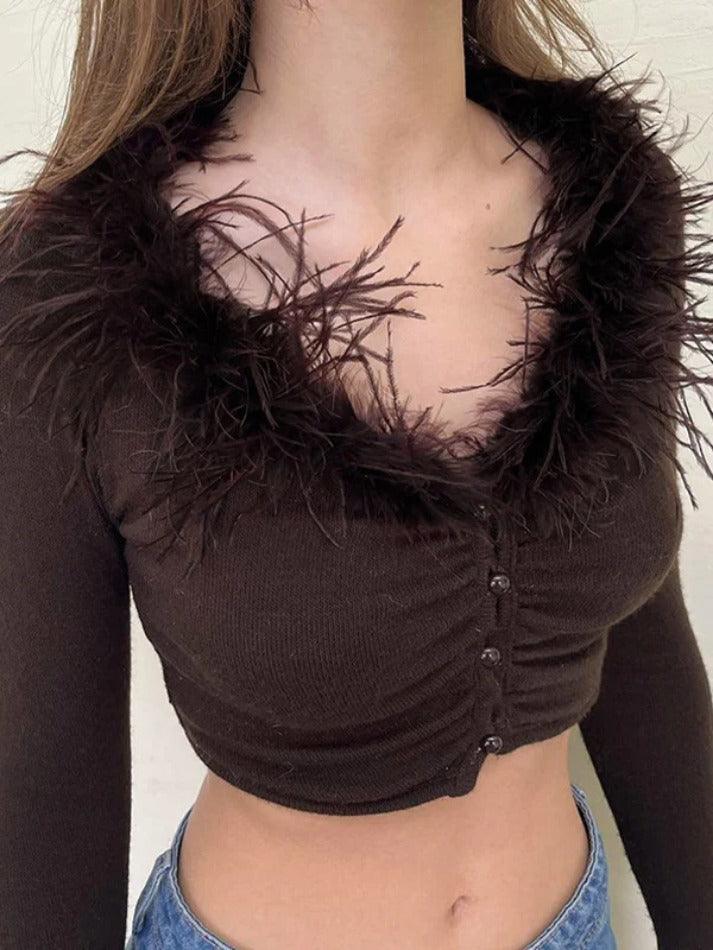 Fuzzy Collar Splice V Neck Shirred Cropped Long Sleeve Knit - AnotherChill