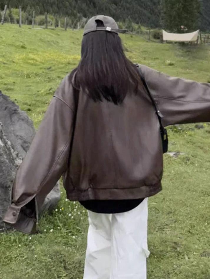 Vintage Brown Lapel Neck Zip Up Leather Jacket - AnotherChill