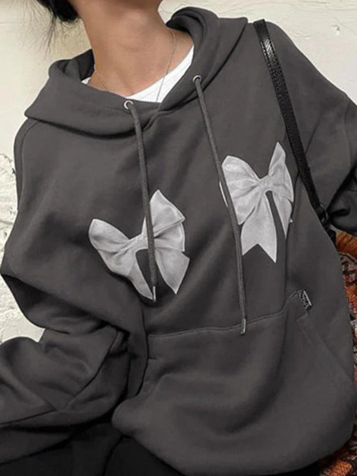 Street Bow Print Drawstring Oversized Hoodie - AnotherChill