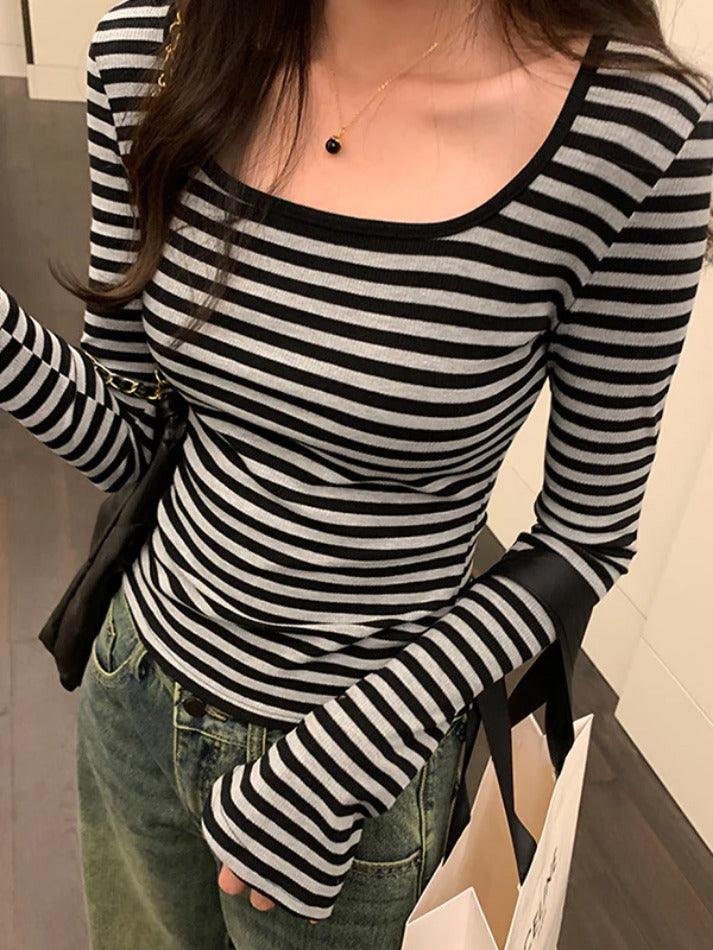 Striped Print Square Neck Slim Long Sleeve Tee - AnotherChill