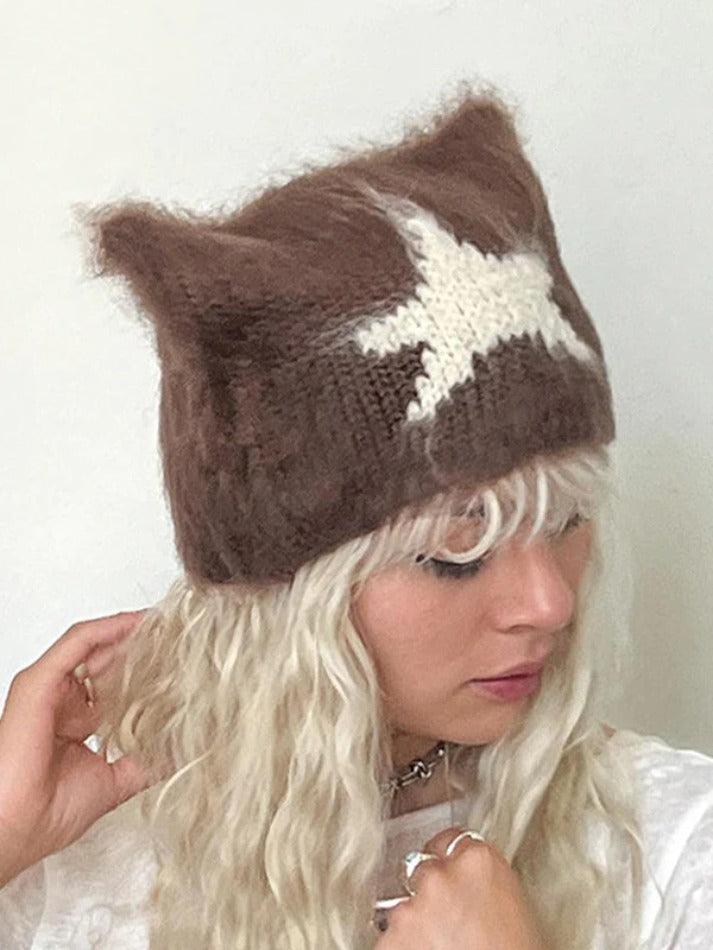 Contrast Color Star Cat Ear Styling Beanie Hat - AnotherChill