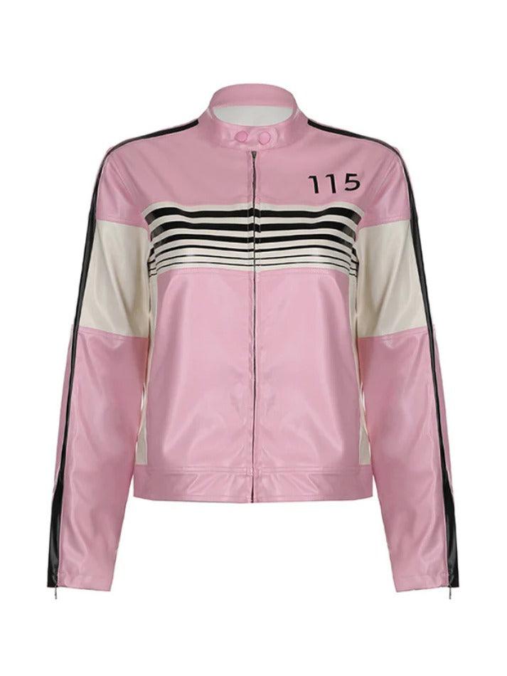 Striped Contrast Color Splice Leather Jacket - AnotherChill