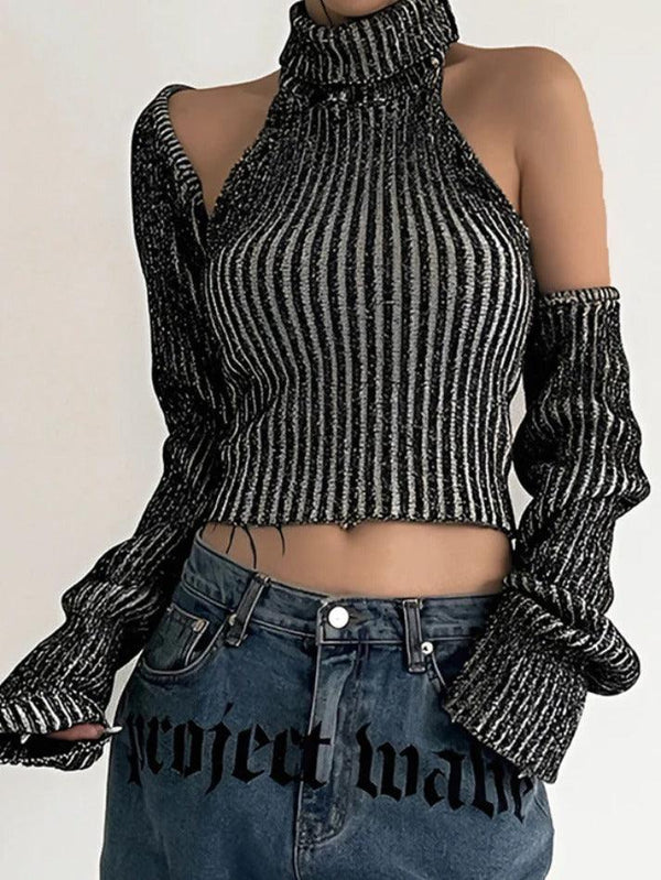 Striped Cutout Backless Tank Top Smock Long Sleeve Knit - AnotherChill