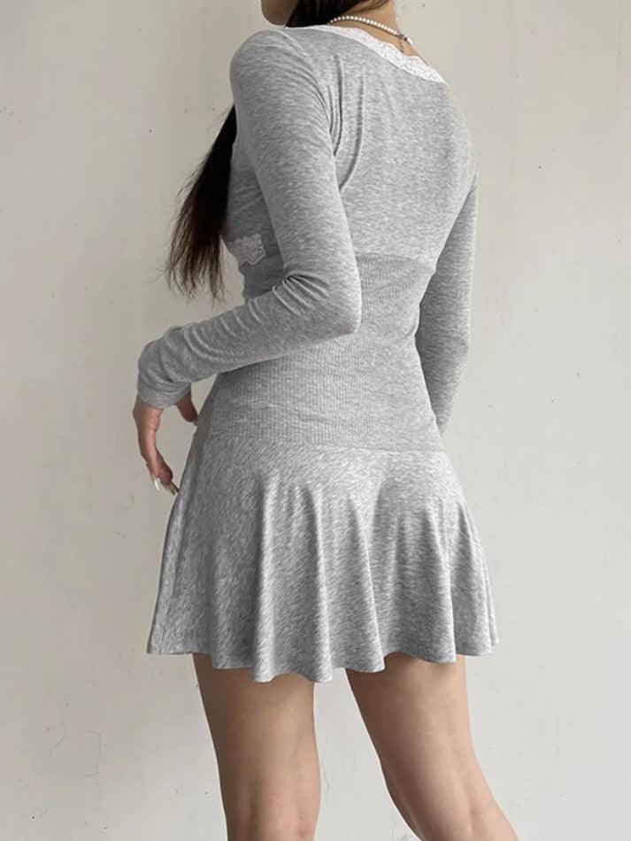 Lace Splice Bow Decor Square Neck Mini Dress - AnotherChill