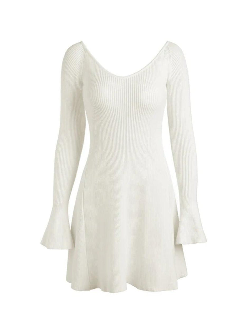Solid V Neck Ribbed A-line Knit Mini Dress - AnotherChill