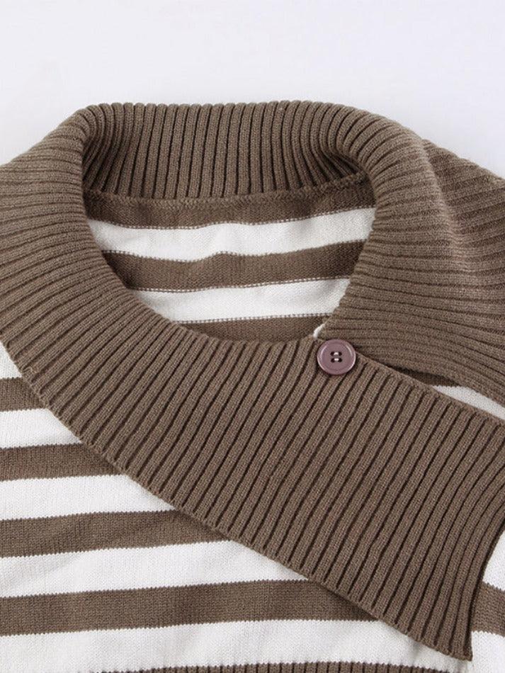 Contrast Color Striped Splice Big Lapel Neck Slim Sweater - AnotherChill