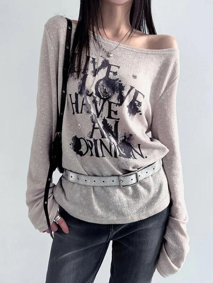 Vintage Letter Print Loose Oversized Long Sleeve Tee - AnotherChill