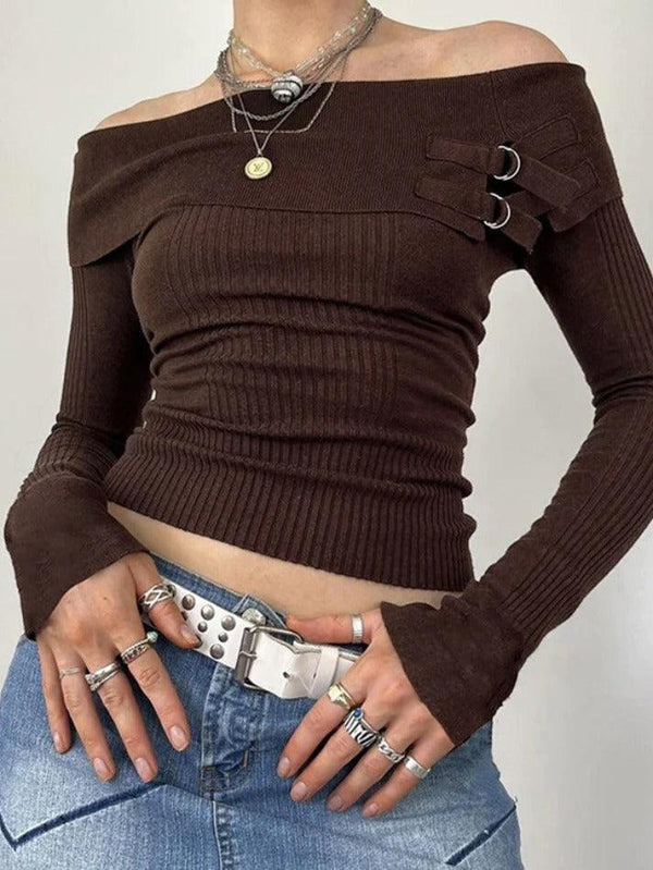 Off Shoulder Metal Ring Splice Long Sleeve Knit - AnotherChill