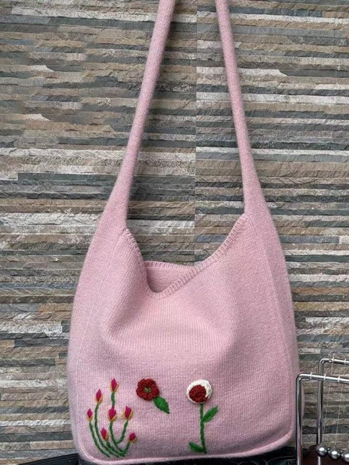 Ethnic Floral Embroidery Knitted Shopper Bag - AnotherChill