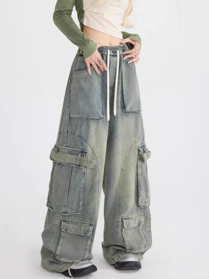 Wash Multi Pocket Drawstring Cargo Jeans - AnotherChill
