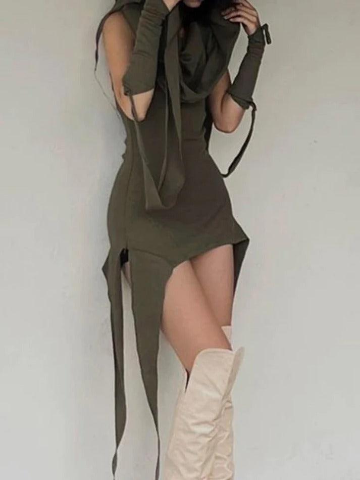 Hooded Stacked Irregular Hem With Sleeve Mini Dress - AnotherChill