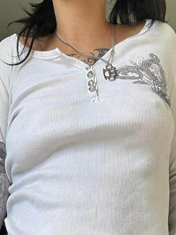 Rhinestone Print Breasted Long Sleeve Tee - AnotherChill