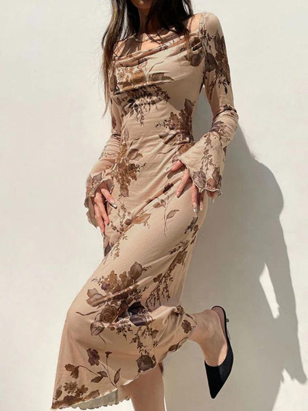 Vintage Flower Print Square Neck Trumpet Sleeve Midi Dress - AnotherChill