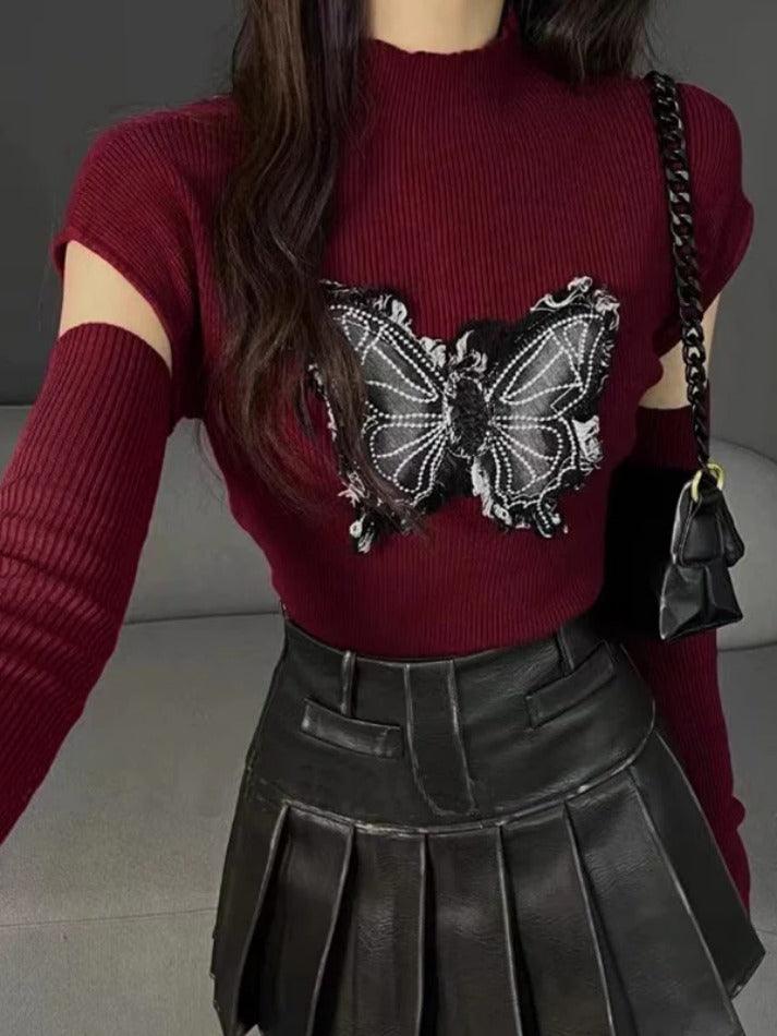 Butterfly Patch Mock Neck With Cuff Long Sleeve Knit - AnotherChill