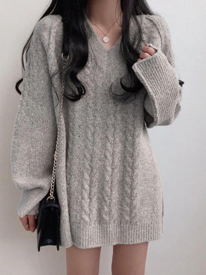 Solid Color V Neck Cable Knit Sweater - AnotherChill