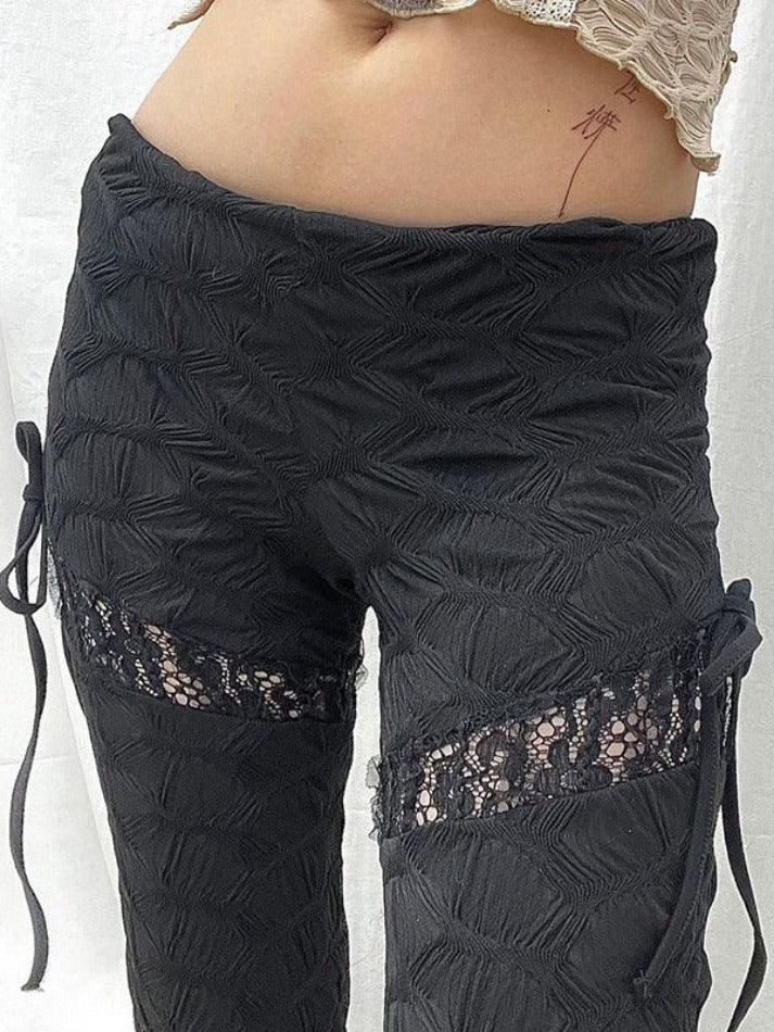Textured Cutout Lace Splice Tie Up Flare Leg Pants - AnotherChill