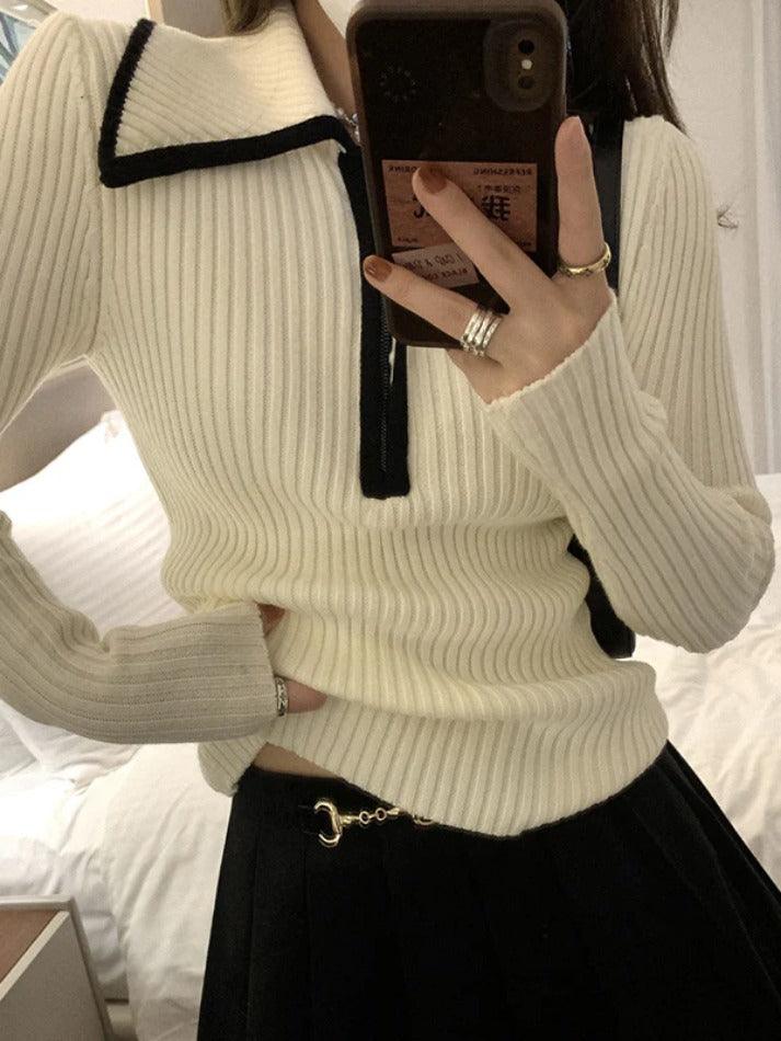 Lapel Neck Half Zip Sweater - AnotherChill