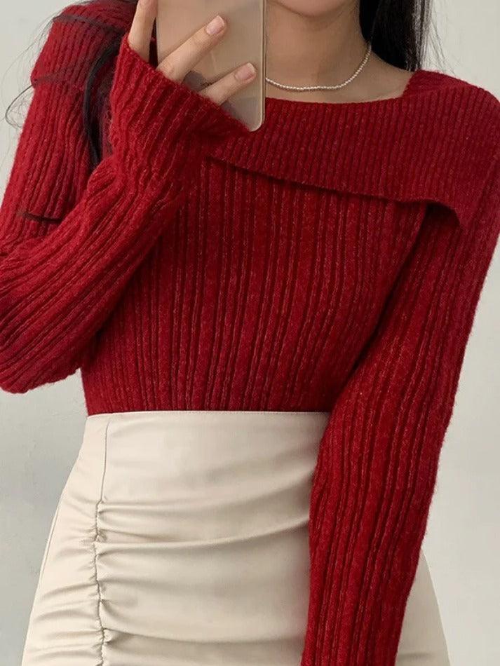 Solid Lapel Neck Slim Knit Sweater - AnotherChill
