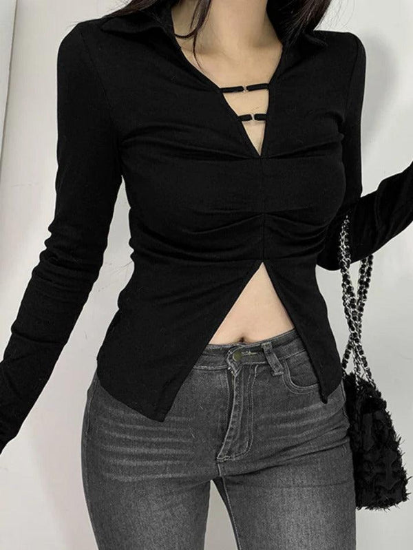 Solid V Neck Shirred Slit Long Sleeve Tee - AnotherChill