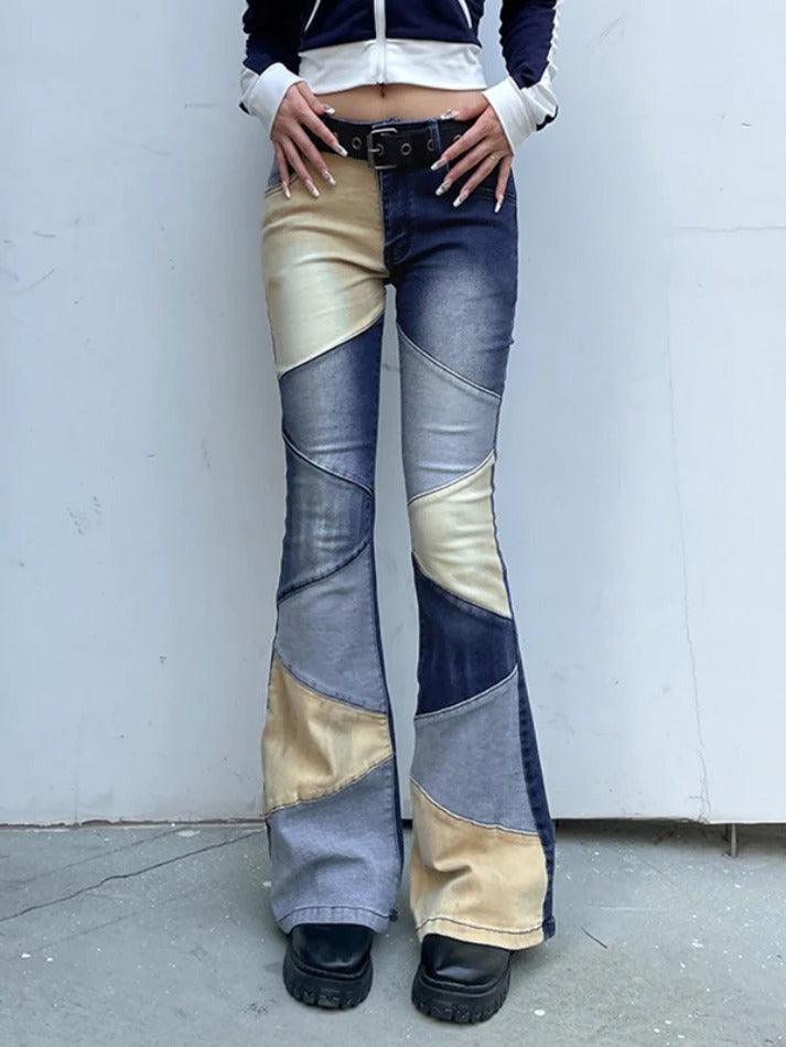Mix Color Denim Irregular Splice Flare Jeans - AnotherChill