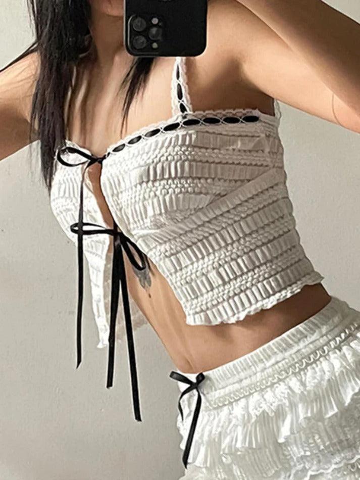 Cutout Contrast Ribbon Tie Up Cami Top - AnotherChill