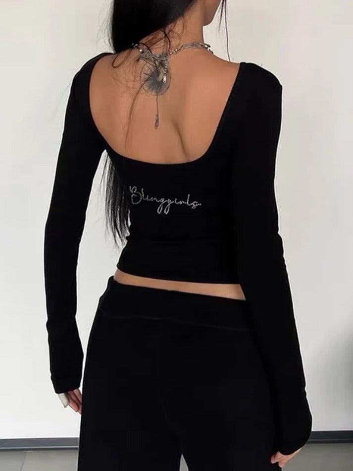 Letter Rhinestone Print Cropped Long Sleeve Tee - AnotherChill