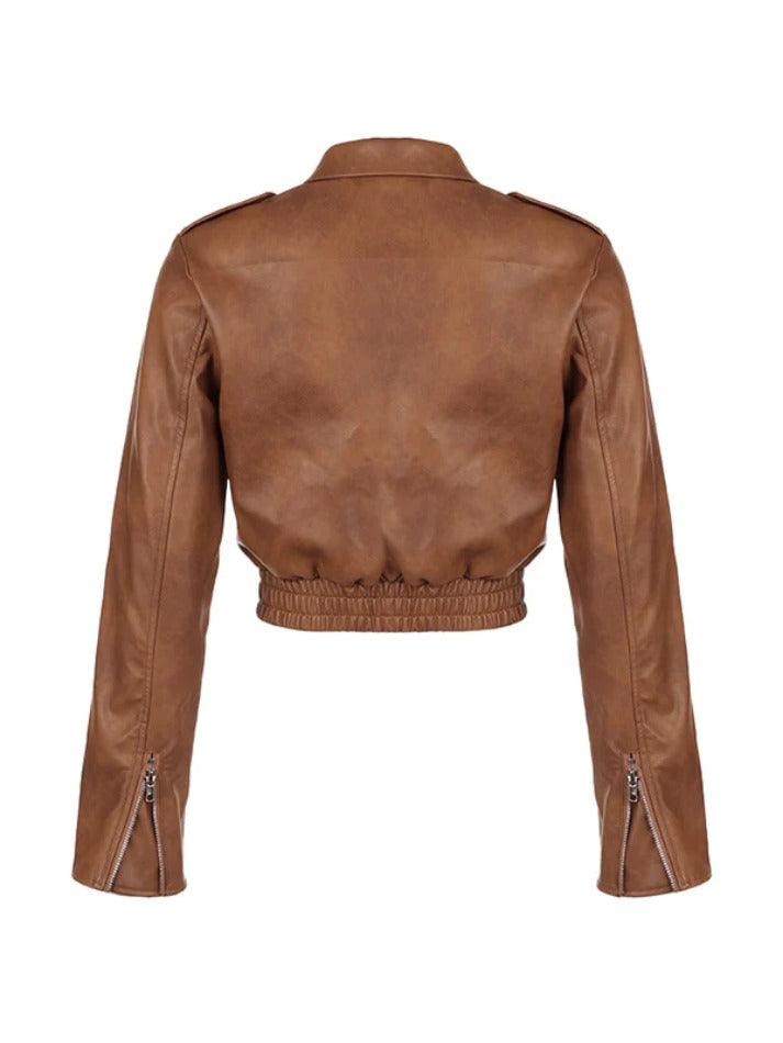 Zip Up Lapel Neck Leather Short Jacket - AnotherChill