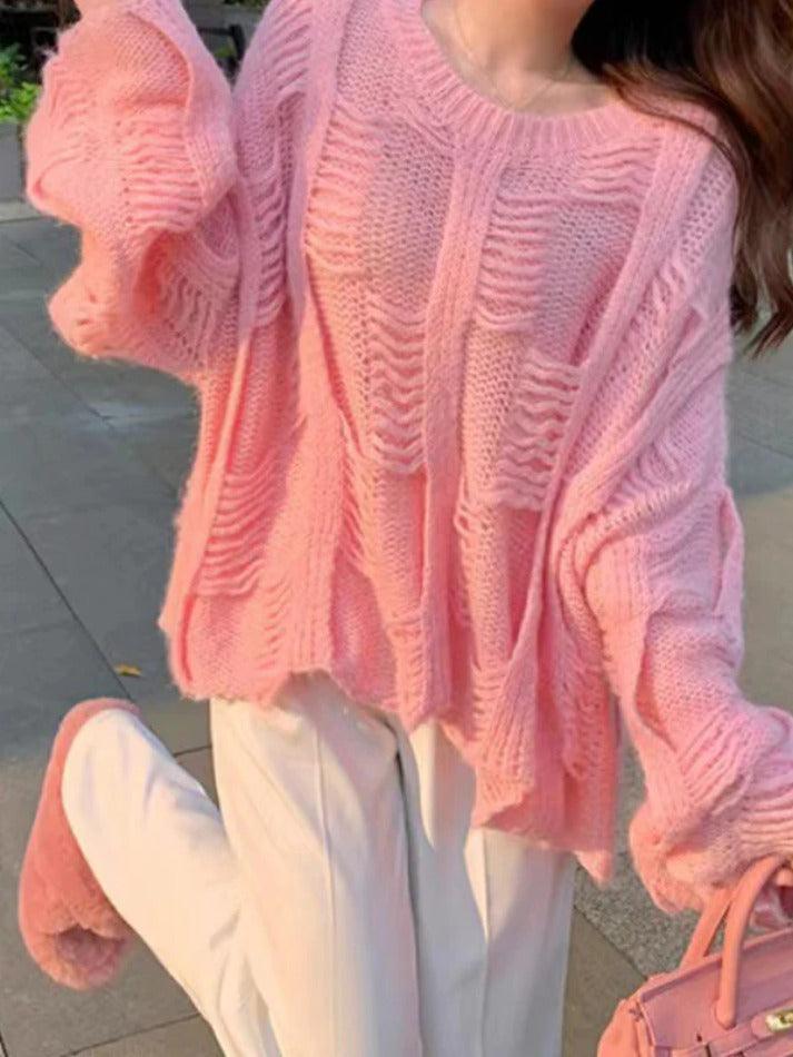 Solid Cutout Loose Knit Sweater - AnotherChill