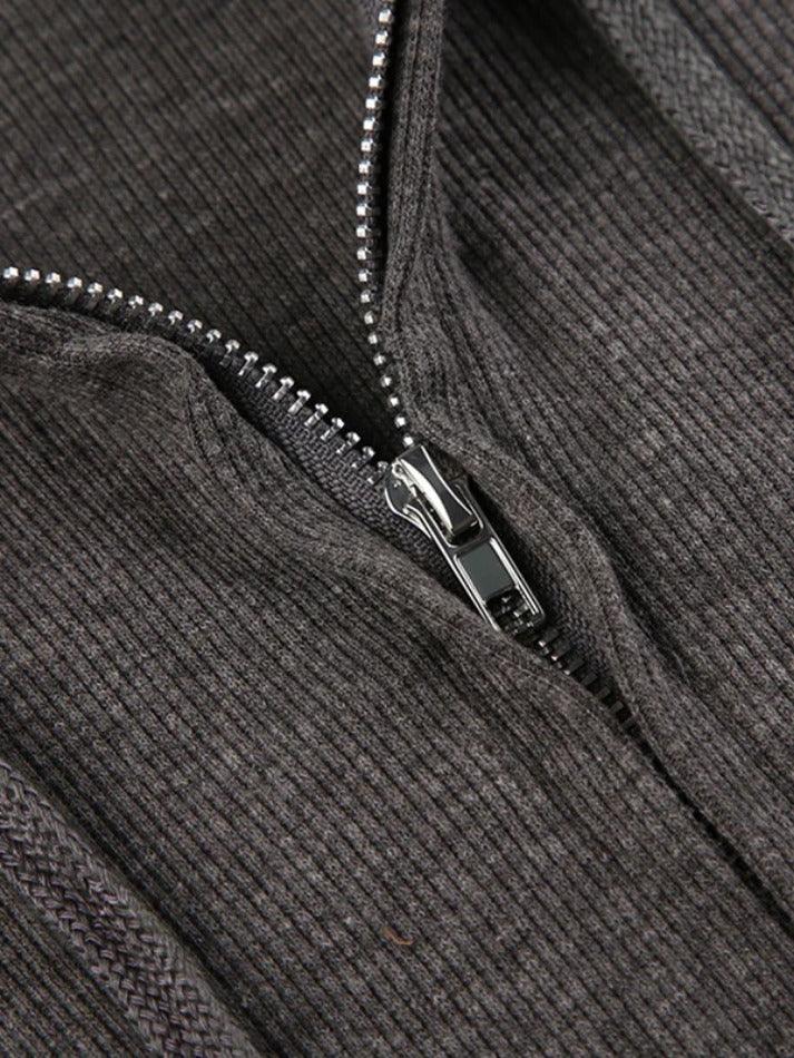 Solid Ribbed Zip Up Drawstring Hooded Long Sleeve Knit - AnotherChill