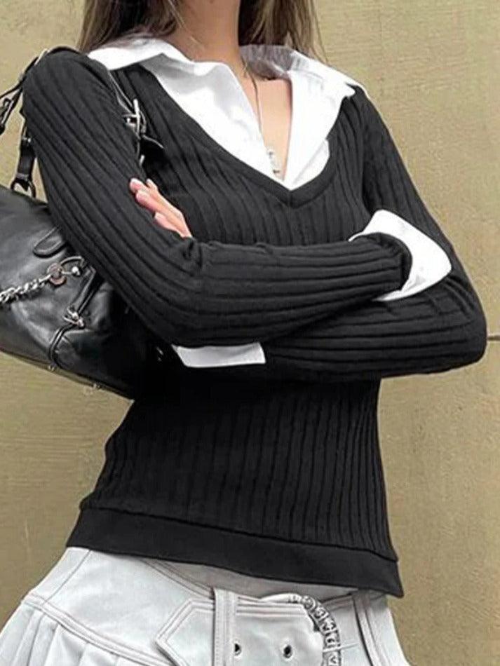 Polo Neck Splice Fake Two Piece Long Sleeve Knit - AnotherChill
