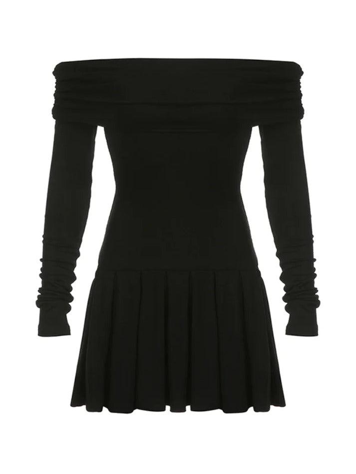 Black Off Shoulder Pleated Slim Mini Dress - AnotherChill