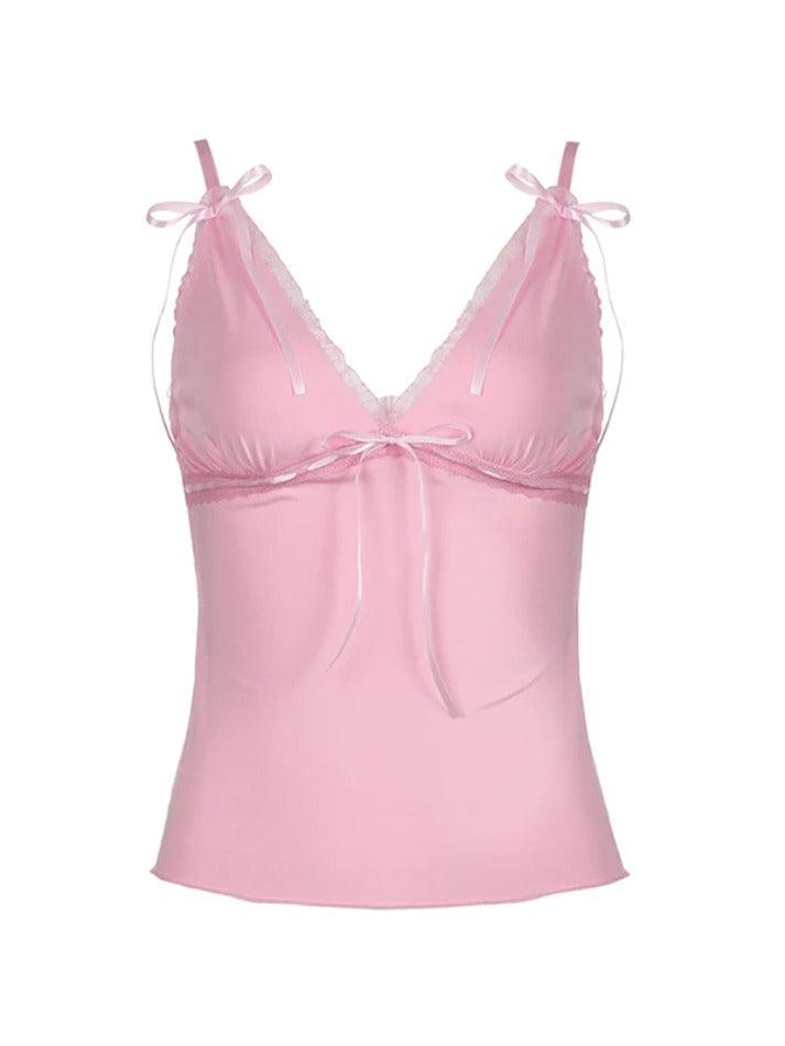 Lace Stitching Bow Pink Cami Top - AnotherChill